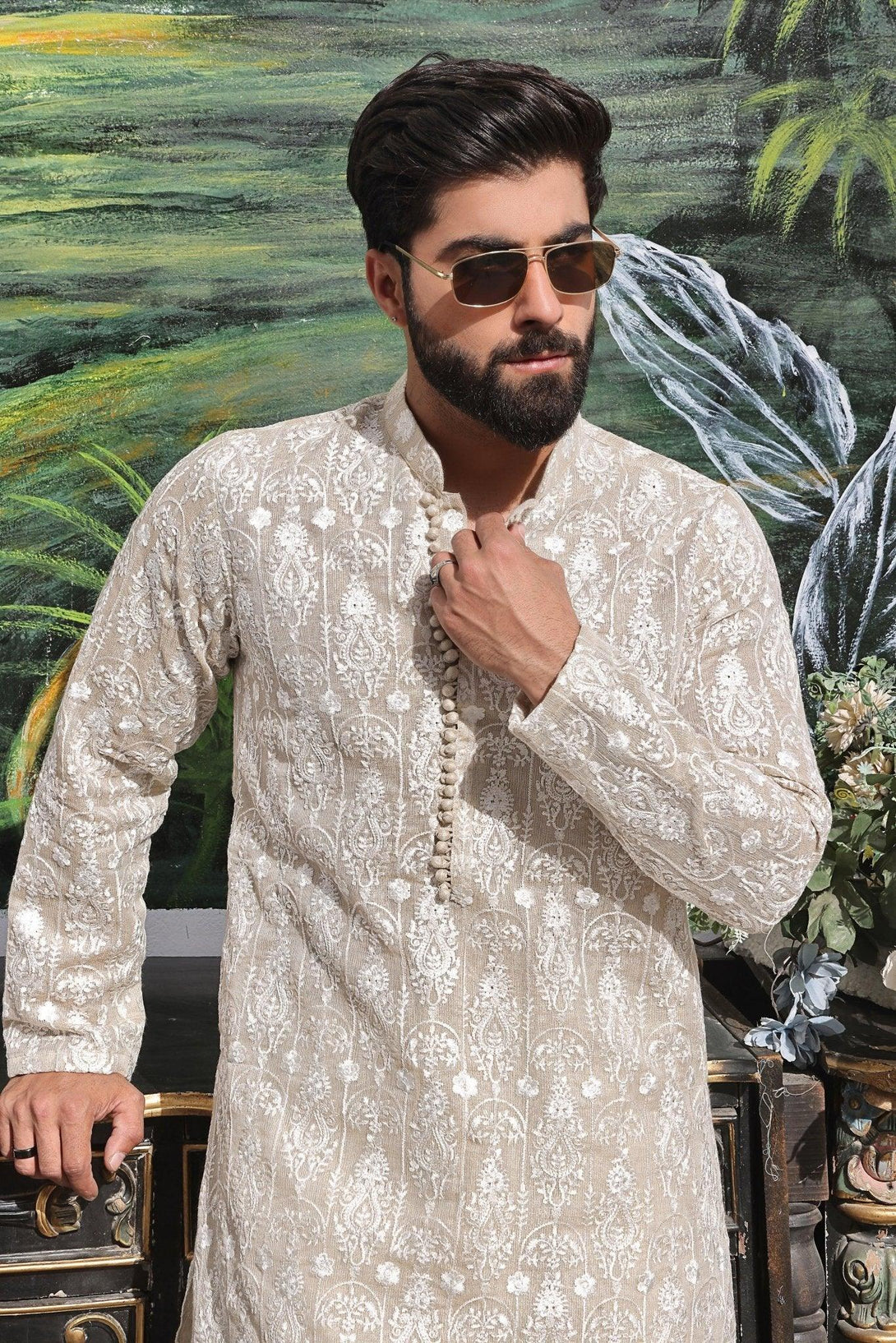 Embroidered Ivory Kurta and Pajama - ZB 1014 - Zeshan Bariwala
