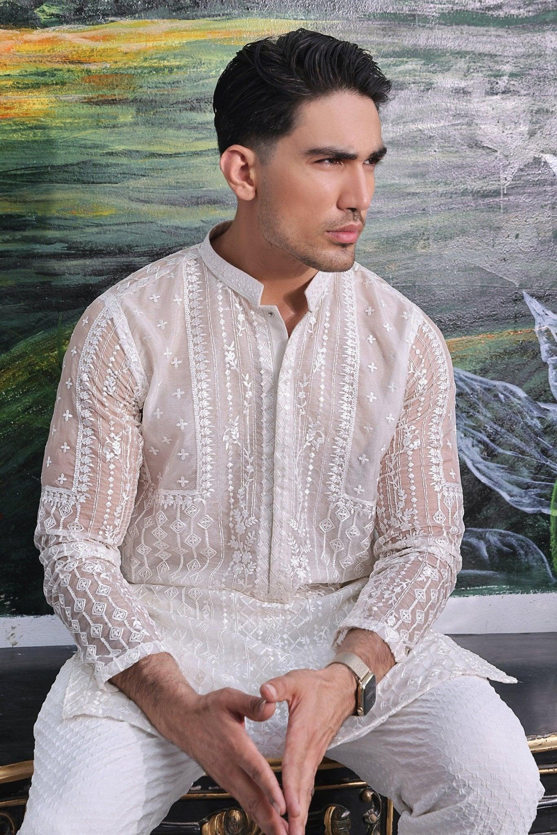 Embroidered White Kurta and Pajama - ZB 1015 - Zeshan Bariwala