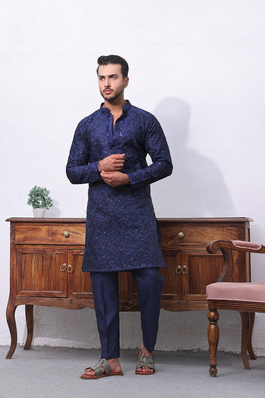 Embroidered Blue Kurta and Pajama - ZB 1010 - Zeshan Bariwala
