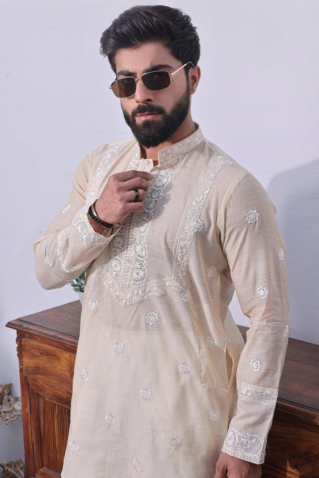 Embroidered Baige Gold Kurta and Pajama - ZB 1016 - Zeshan Bariwala