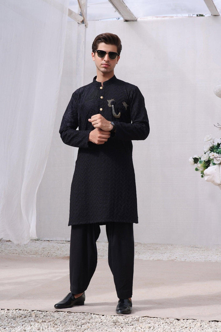 Embroidered Black Kurta and Pajama - ZB 1029 - Zeshan Bariwala