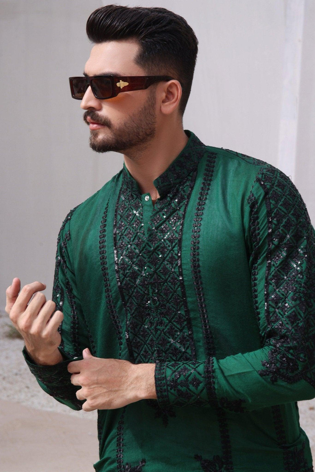 Embroidered Green Kurta and Pajama - ZB 1027 - Zeshan Bariwala