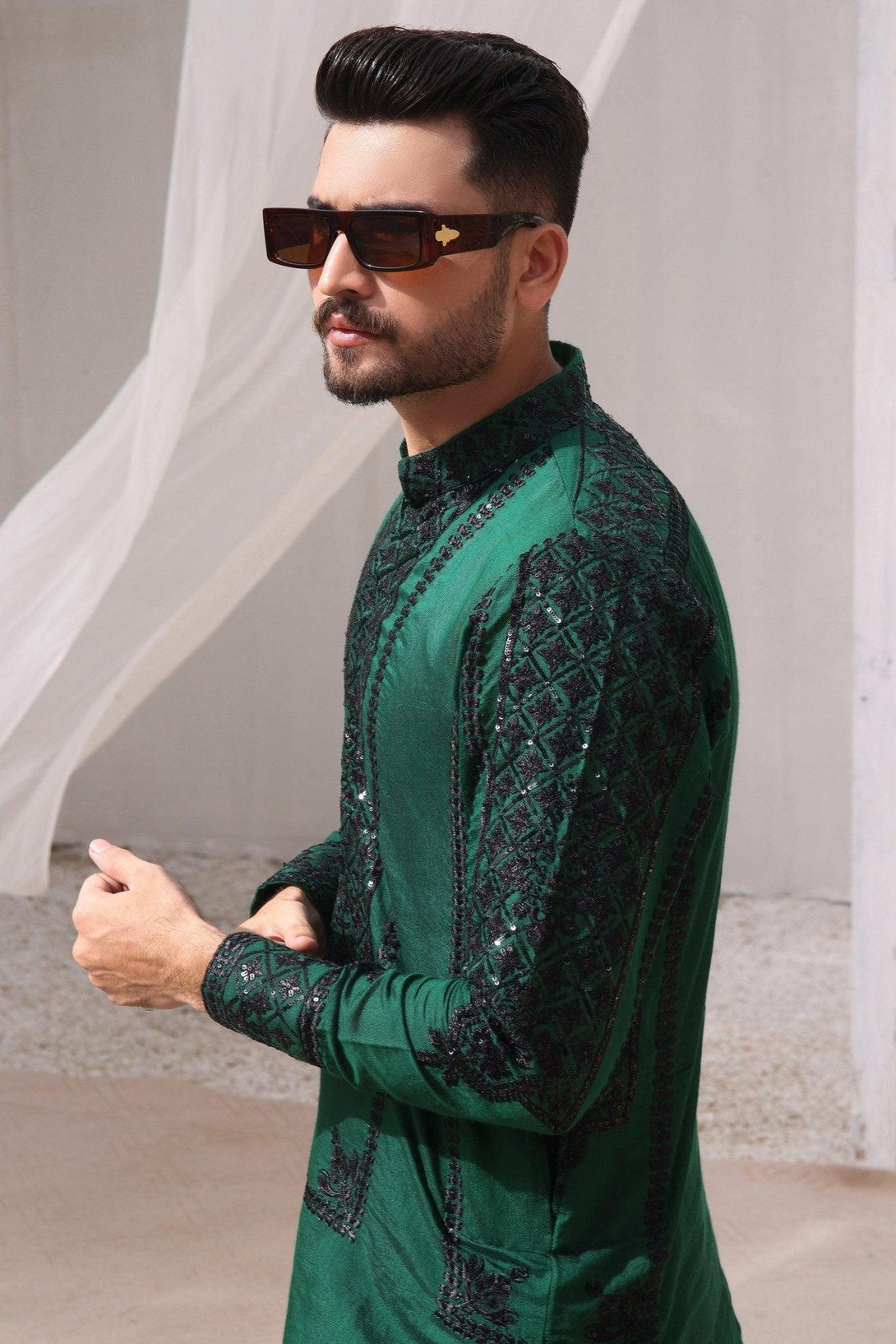 Embroidered Green Kurta and Pajama - ZB 1027 - Zeshan Bariwala