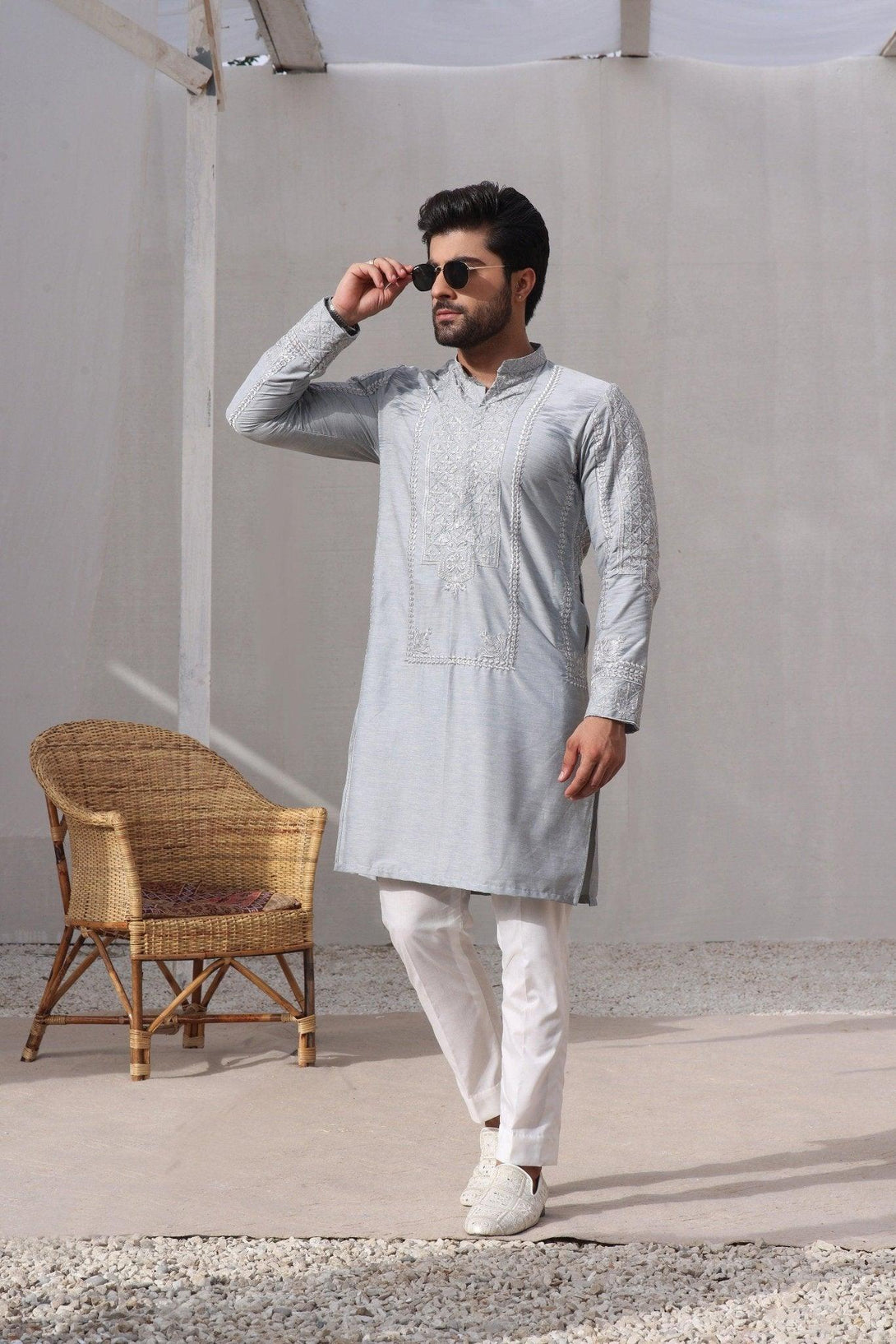 Embroidered Gray Kurta and Pajama - ZB 1024 - Zeshan Bariwala