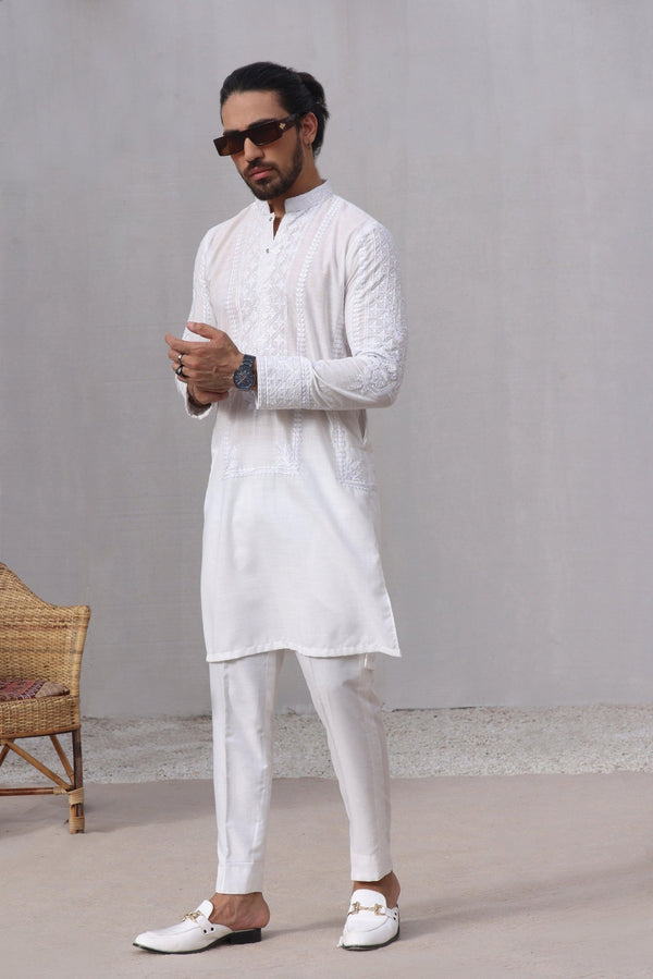 Embroidered White Kurta and Pajama - ZB 1025 - Zeshan Bariwala