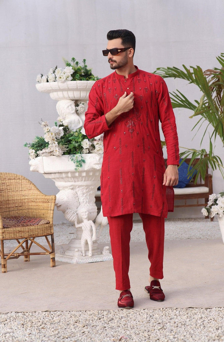 Embroidered reddish kurta and pajam ZB 1030 - Zeshan Bariwala