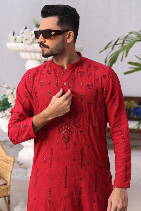 Embroidered reddish kurta and pajam ZB 1030 - Zeshan Bariwala