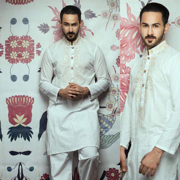 Embroidered White Kurta and Pajama - ZB 1050 - Zeshan Bariwala