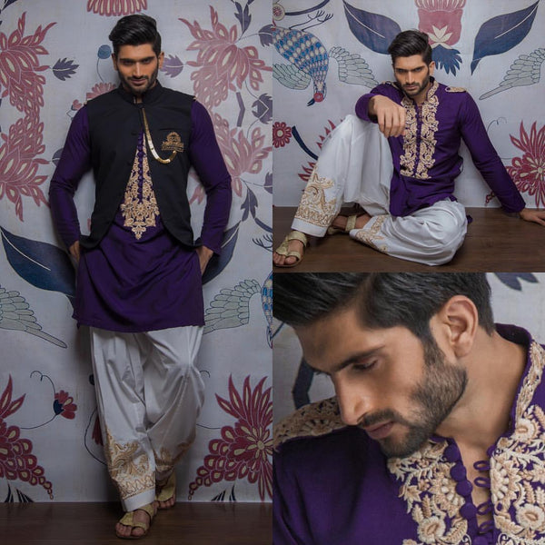 Embroidered Purple Kurta and Pajama - ZB 1054 - Zeshan Bariwala