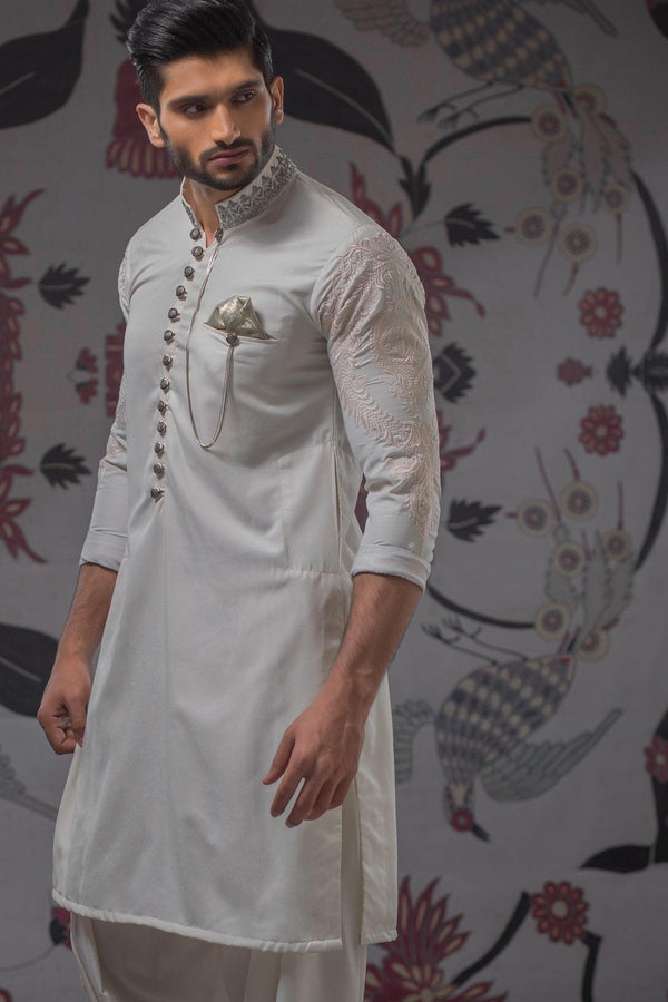 Embroidered White Kurta and Pajama - ZB 1059 - Zeshan Bariwala