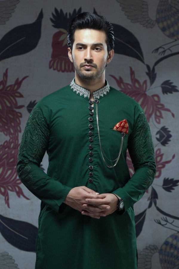 Embroidered Green Kurta and Pajama - ZB 1070 - Zeshan Bariwala
