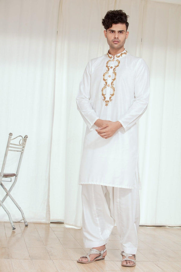 Embroidered White Kurta and Pajama - ZB 1071 - Zeshan Bariwala